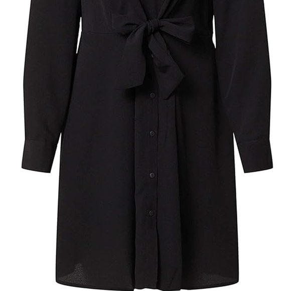 Vila Clothes Black Dress Fit & Flare Long Sleeve Bow Tie and Button Skirt Plunge - Picture 5 of 16